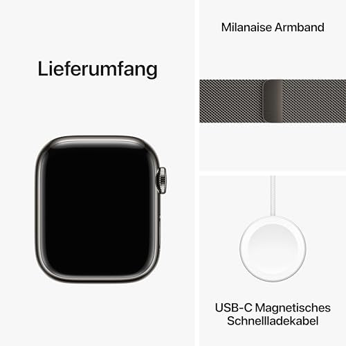 Apple Watch Series 9 (GPS + Cellular, 41 mm) Smartwatch mit Edelstahlgehäuse und Milanaise Armband in Graphit. Fitnesstracker, Blutsauerstoff und EKG Apps