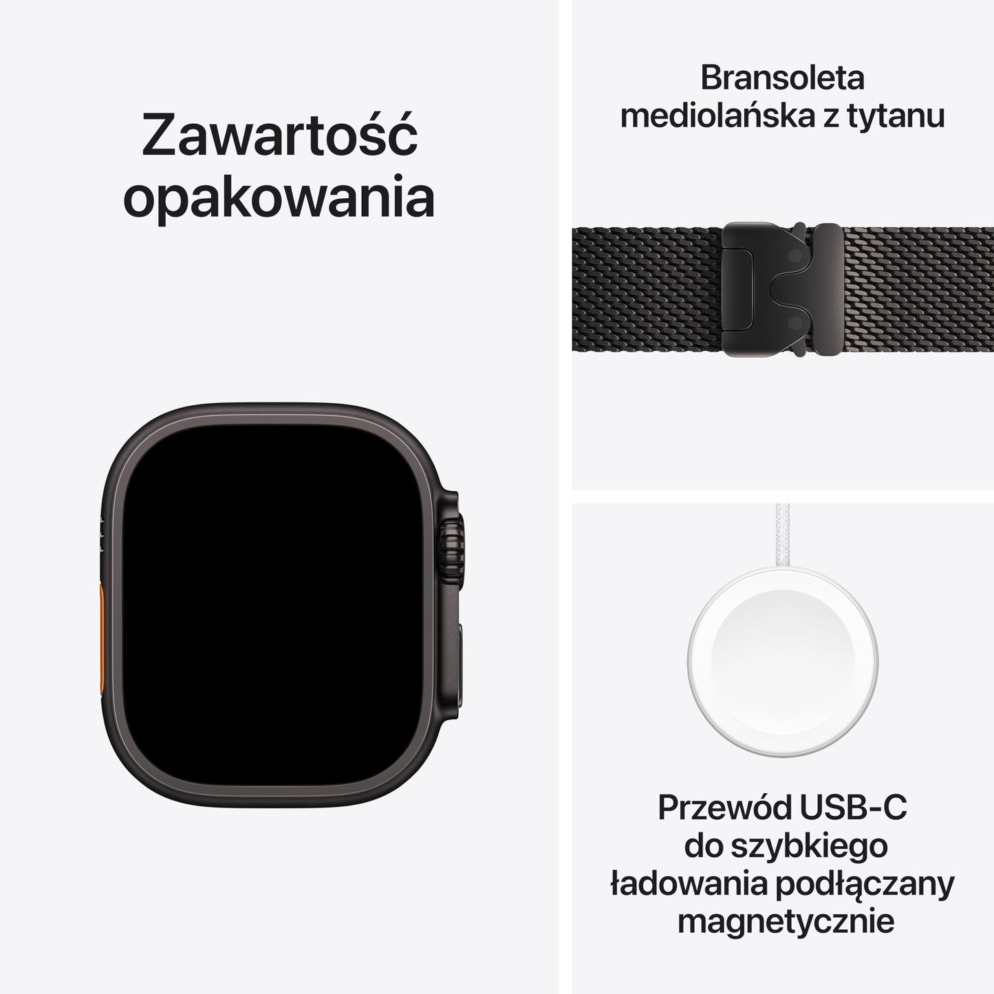 Apple Watch Ultra 2 GPS + Cellular 49 mm Smartwatch z wytrzymałą kopertą z tytanu kolor Czarny+ Bransoleta mediolańska kolor Czarny-S. Monitor Fitness, superwydajna bateria, neutralność węglowa