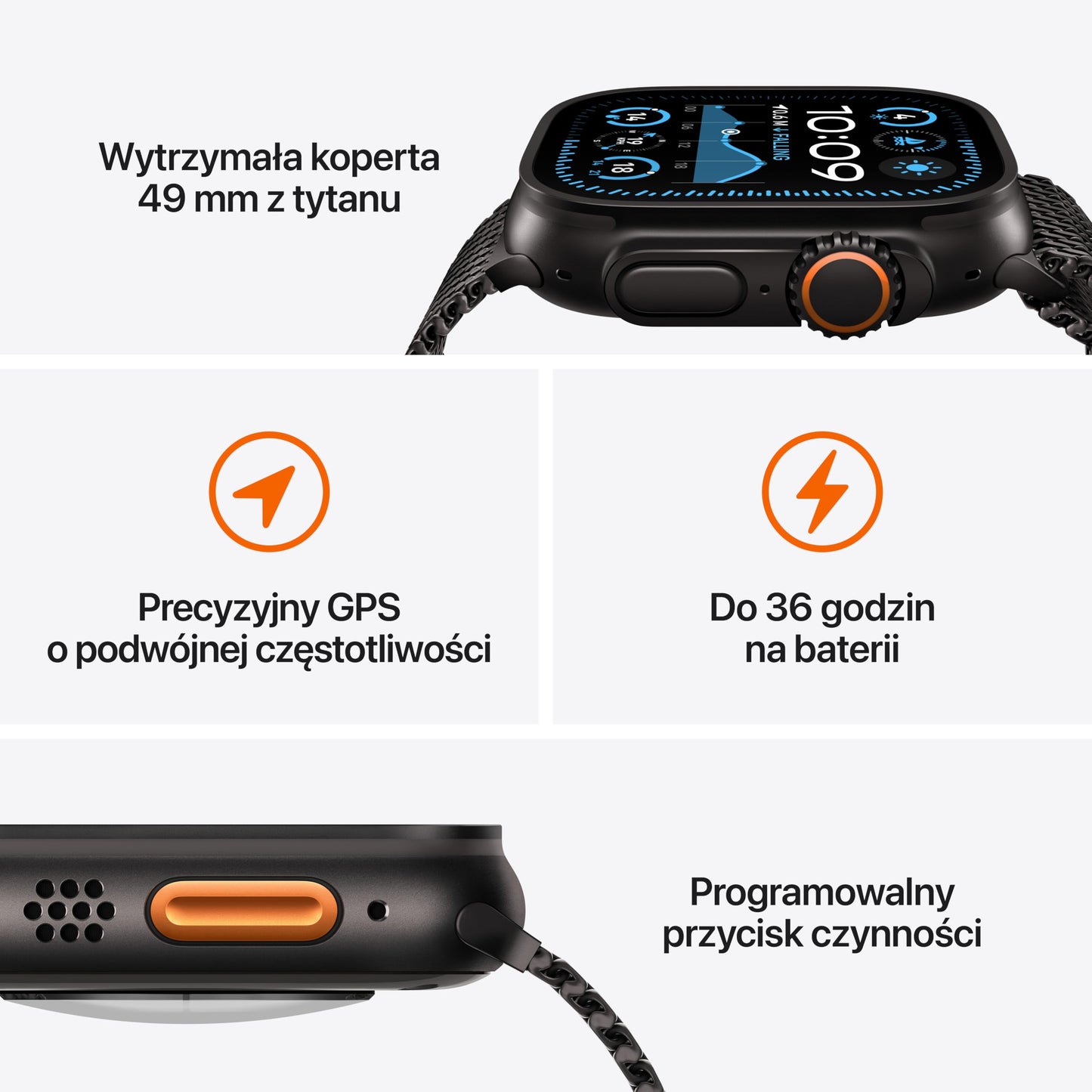Apple Watch Ultra 2 GPS + Cellular 49 mm Smartwatch z wytrzymałą kopertą z tytanu kolor Czarny+ Bransoleta mediolańska kolor Czarny-S. Monitor Fitness, superwydajna bateria, neutralność węglowa