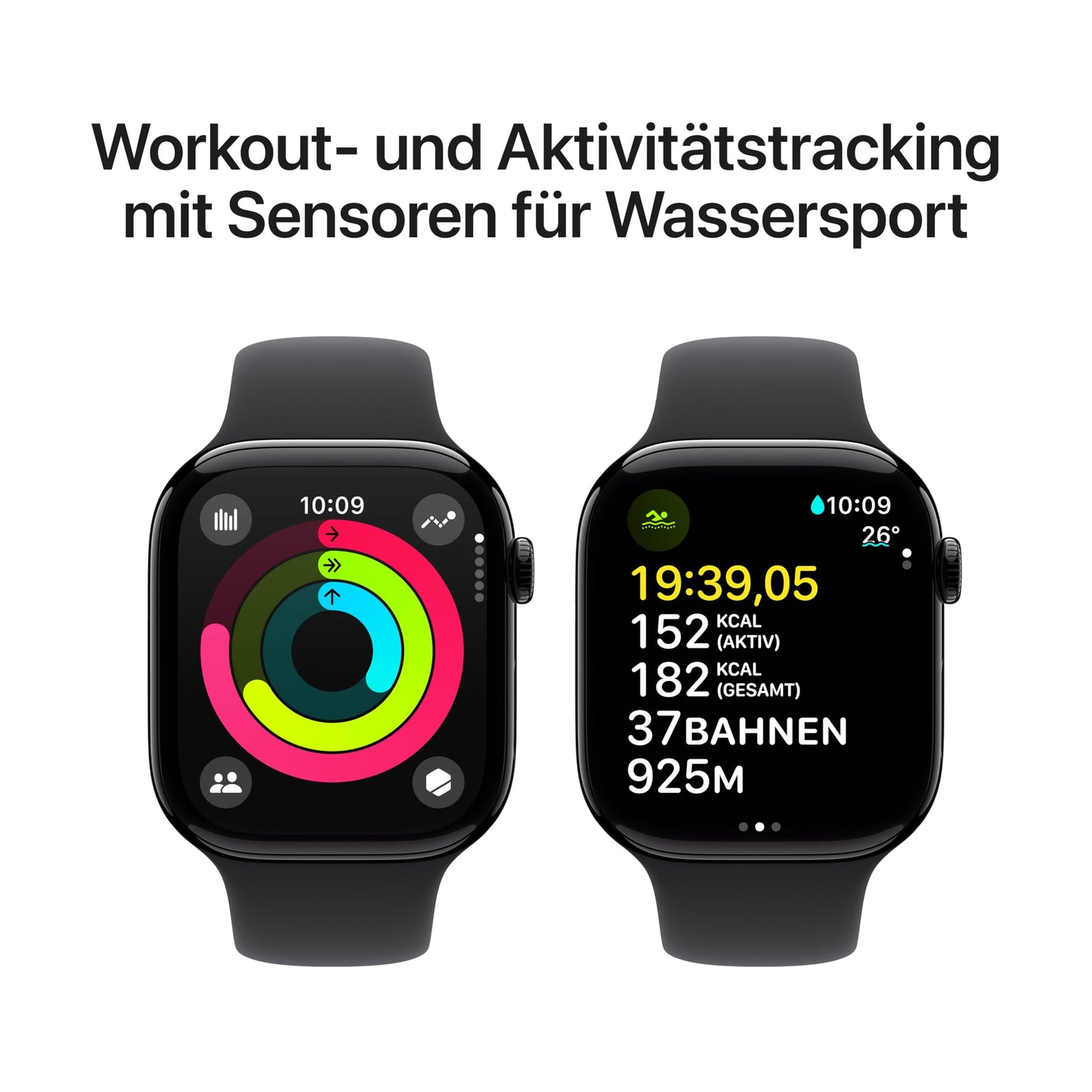 Apple Watch Series 10 (GPS 46 mm) Smartwatch mit Aluminiumgehäuse in Diamantschwarz und Sportarmband in Schwarz (S/M). Fitnesstracker