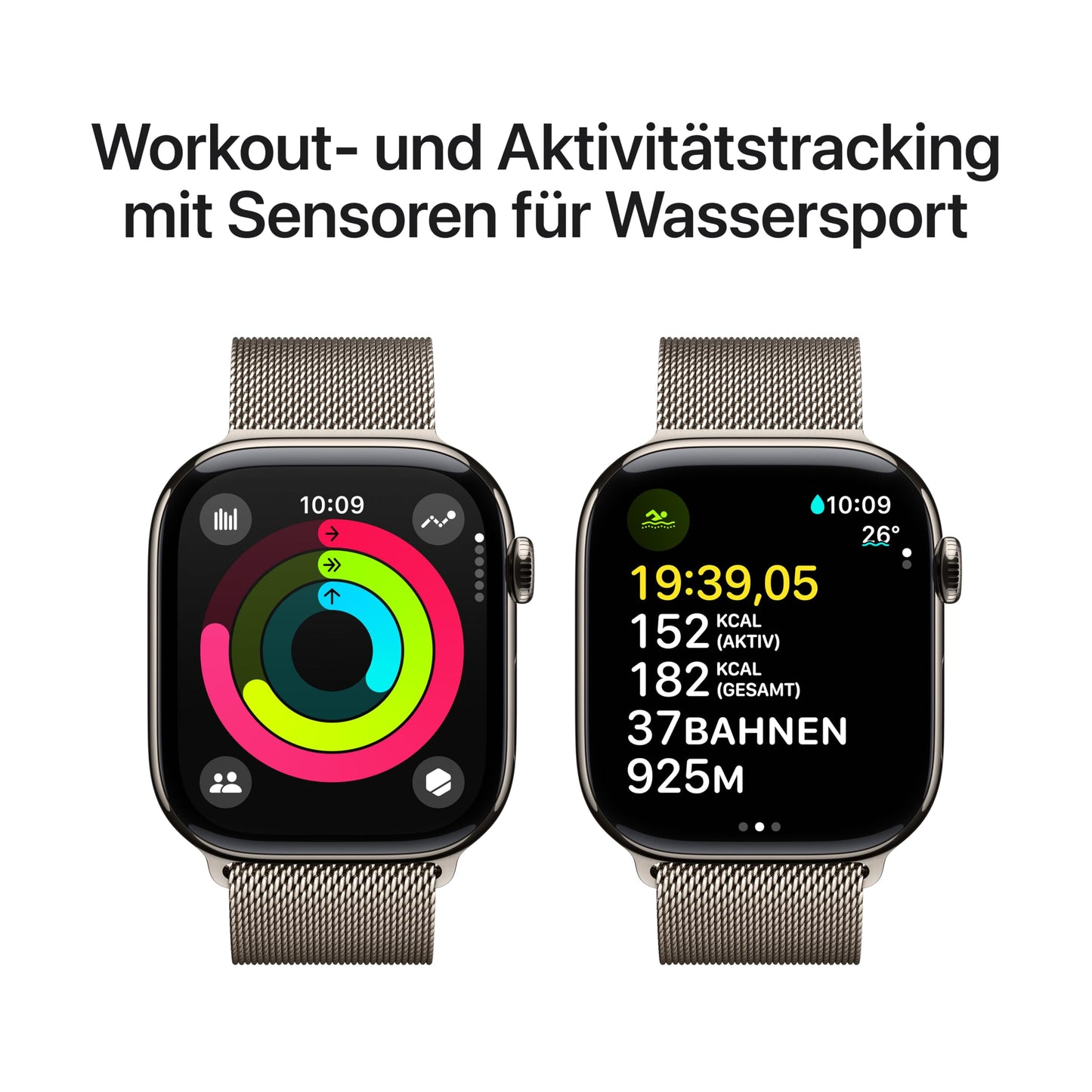 Apple Watch Series 10 (GPS + Cellular 46 mm) Smartwatch mit Titangehäuse in Natur und Milanaise Armband in Natur (S/M). Fitnesstracker