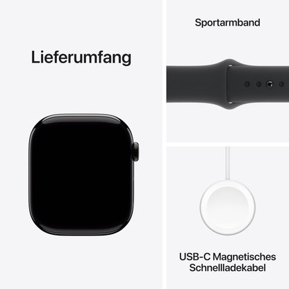 Apple Watch Series 10 (GPS 46 mm) Smartwatch mit Aluminiumgehäuse in Diamantschwarz und Sportarmband in Schwarz (S/M). Fitnesstracker
