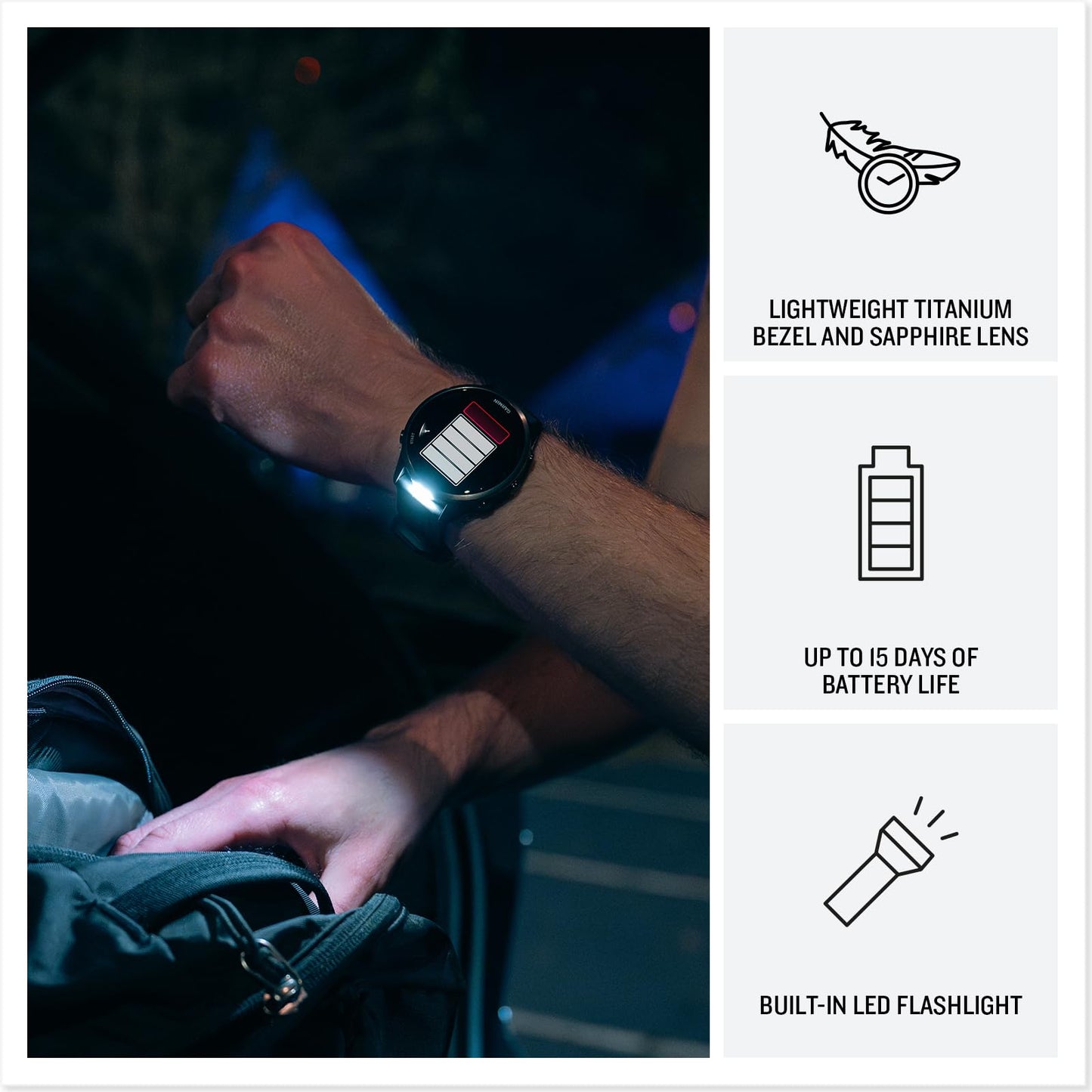 Garmin® Forerunner® 970, Premium GPS Running und Triathlon Smartwatch, AMOLED-Display, integrierte LED-Taschenlampe, Titan mit Whitestone-Gehäuse