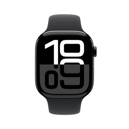 Apple Watch Series 10 (GPS 46 mm) Smartwatch mit Aluminiumgehäuse in Diamantschwarz und Sportarmband in Schwarz (S/M). Fitnesstracker