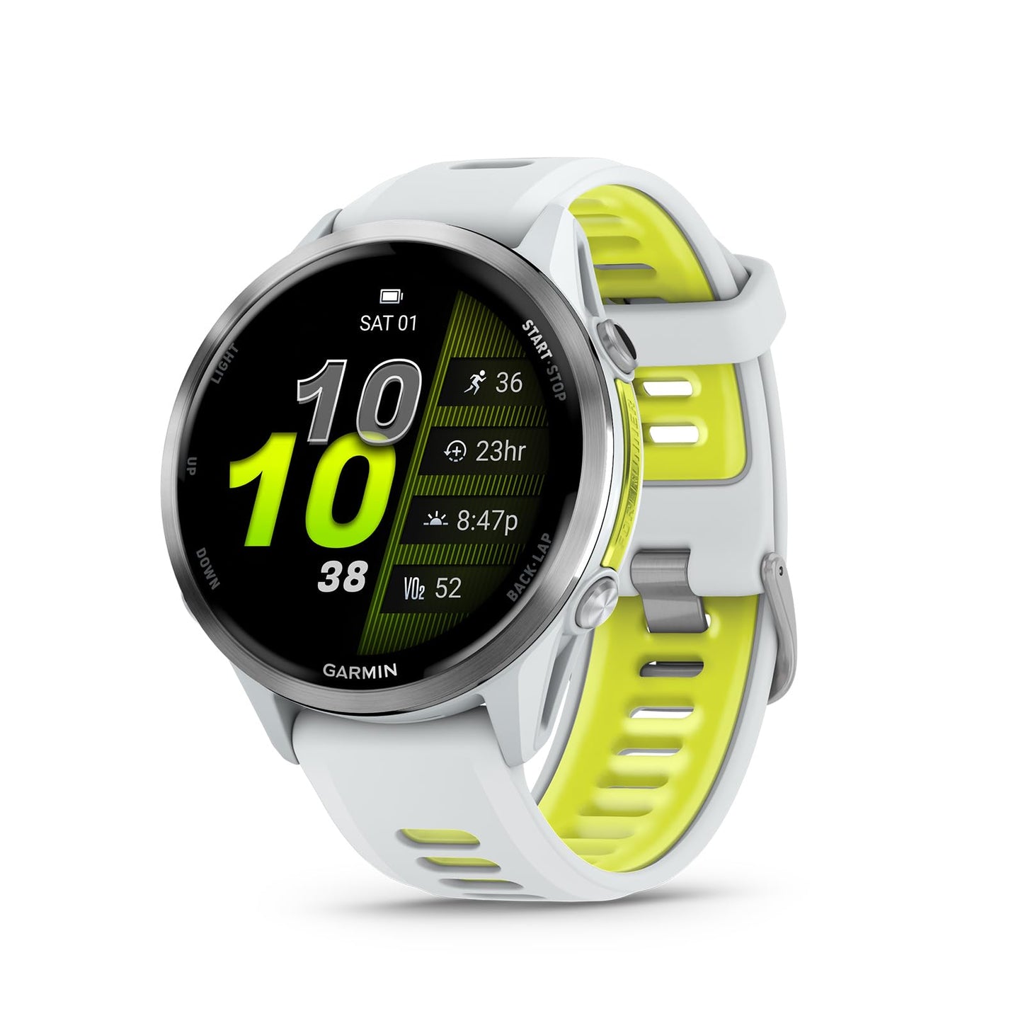 Garmin® Forerunner® 970, Premium GPS Running und Triathlon Smartwatch, AMOLED-Display, integrierte LED-Taschenlampe, Titan mit Whitestone-Gehäuse