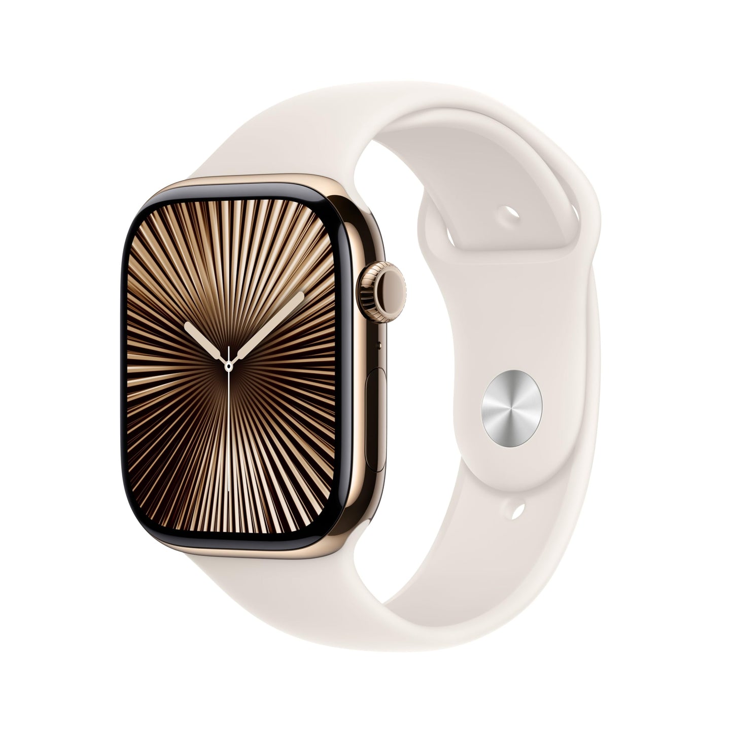 Apple Watch Series 10 [GPS + Cellular, 46mm] - Goldenes Titangehäuse und weißes Star-Sportarmband, M/L (Generalüberholt)
