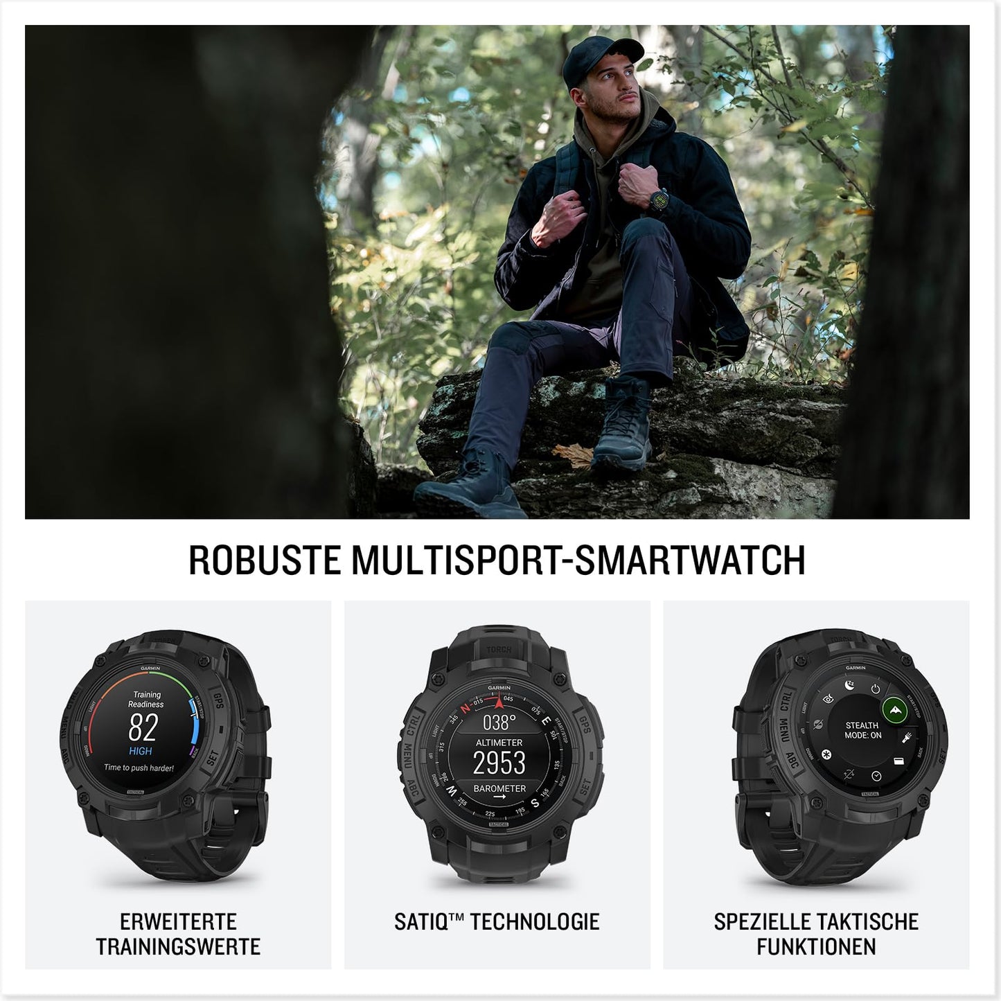 Garmin Instinct 3 Tactical 50mm AMOLED – GPS-Multisport-Smartwatch, 1,3" AMOLED-Display, bis zu 24 Tage Akkulaufzeit, 80+ Sport-Apps, Taktische Funktionen