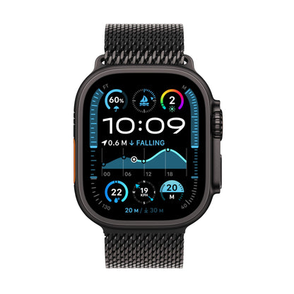 Apple Watch Ultra 2 GPS + Cellular 49 mm Smartwatch z wytrzymałą kopertą z tytanu kolor Czarny+ Bransoleta mediolańska kolor Czarny-S. Monitor Fitness, superwydajna bateria, neutralność węglowa