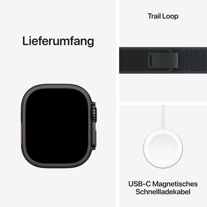 Apple Watch Ultra 2 (GPS + Cellular 49 mm) Smartwatch, Sportuhr mit Titangehäuse in Schwarz und Trail Loop in Schwarz (M/L). Fitnesstracker