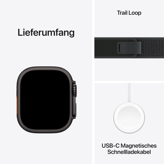 Apple Watch Ultra 2 (GPS + Cellular 49 mm) Smartwatch, Sportuhr mit Titangehäuse in Schwarz und Trail Loop in Schwarz (M/L). Fitnesstracker