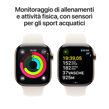 Apple Watch Series 10 [GPS + Cellular, 46mm] - Goldenes Titangehäuse und weißes Star-Sportarmband, M/L (Generalüberholt)