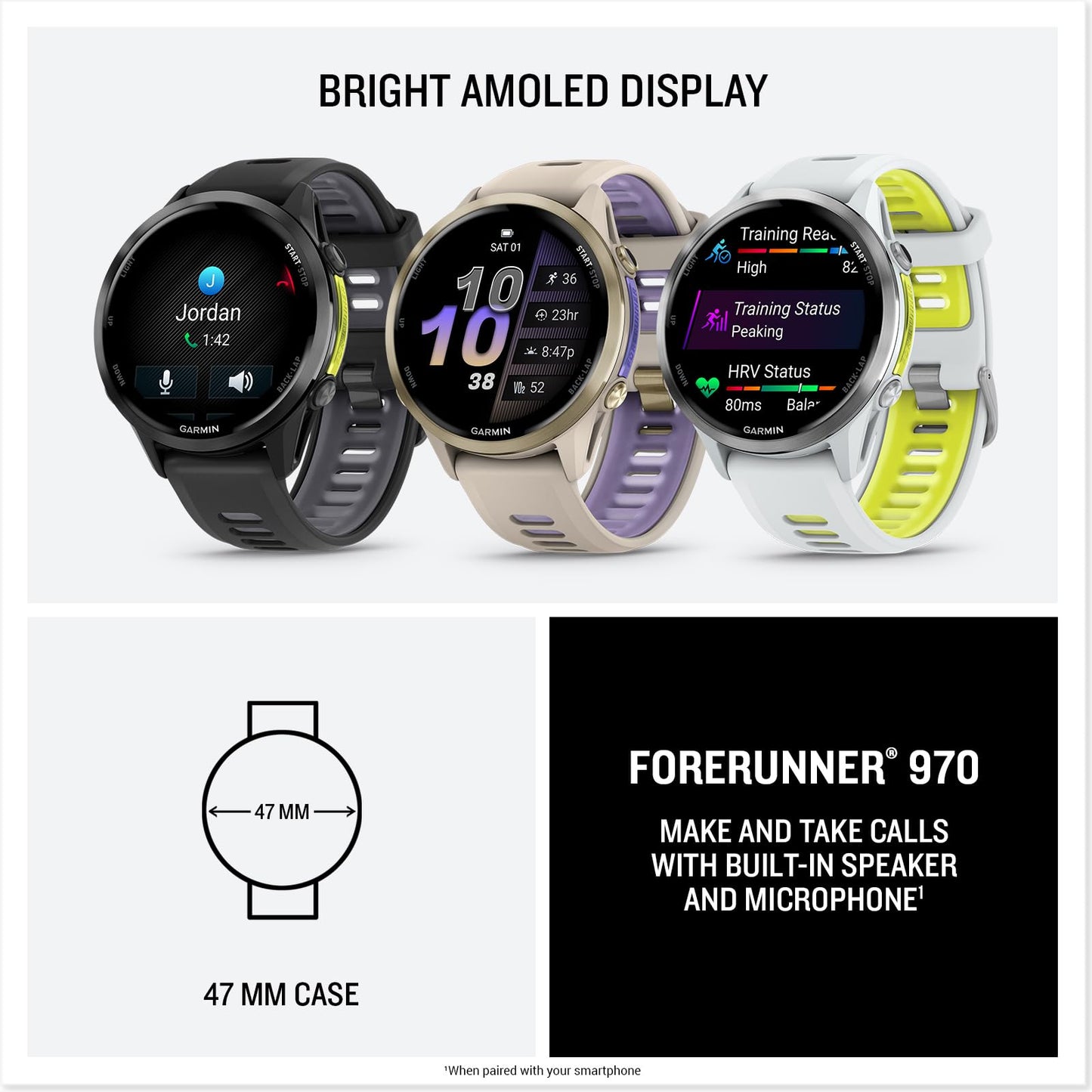 Garmin® Forerunner® 970, Premium GPS Running und Triathlon Smartwatch, AMOLED-Display, integrierte LED-Taschenlampe, Titan mit Whitestone-Gehäuse