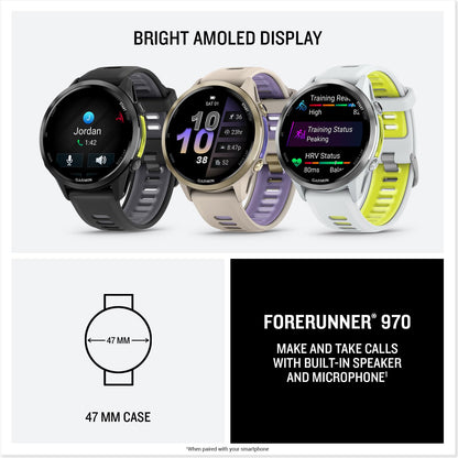 Garmin® Forerunner® 970, Premium GPS Running und Triathlon Smartwatch, AMOLED-Display, integrierte LED-Taschenlampe, Titan mit Whitestone-Gehäuse
