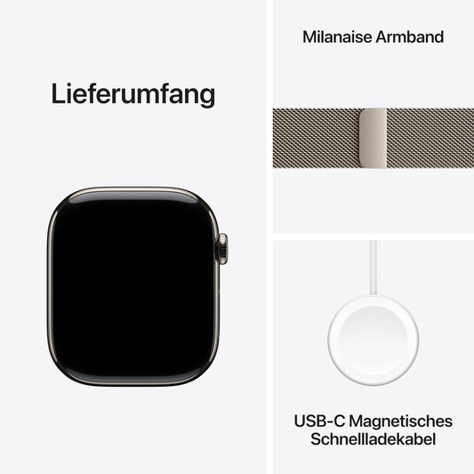 Apple Watch Series 10 (GPS + Cellular 46 mm) Smartwatch mit Titangehäuse in Natur und Milanaise Armband in Natur (S/M). Fitnesstracker