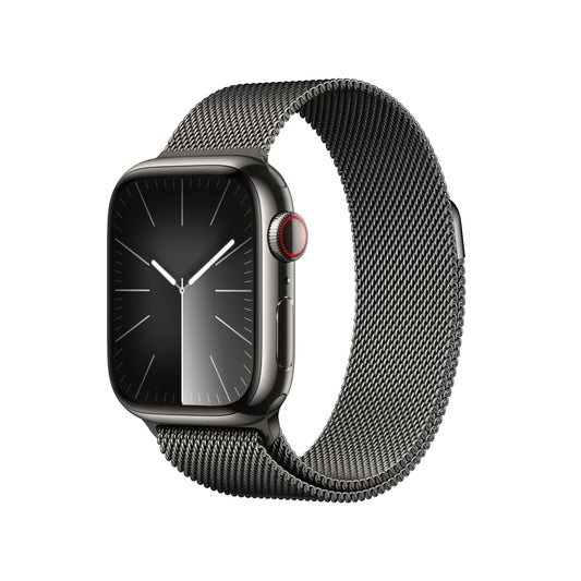 Apple Watch Series 9 (GPS + Cellular, 41 mm) Smartwatch mit Edelstahlgehäuse und Milanaise Armband in Graphit. Fitnesstracker, Blutsauerstoff und EKG Apps