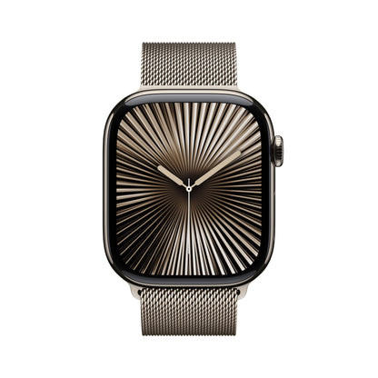 Apple Watch Series 10 (GPS + Cellular 46 mm) Smartwatch mit Titangehäuse in Natur und Milanaise Armband in Natur (S/M). Fitnesstracker