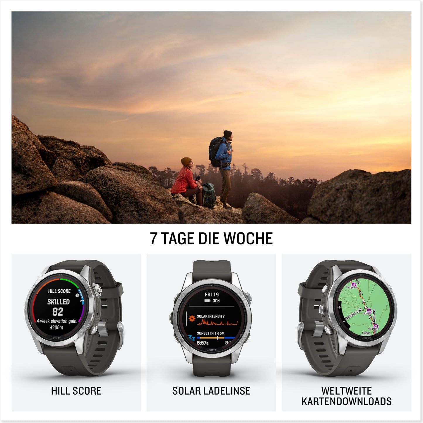 Garmin fēnix 7S Pro – GPS-Multisport-Smartwatch mit Solarladelinse, Farbdisplay und Touch-/Tastenbedienung, TOPO-Karten
