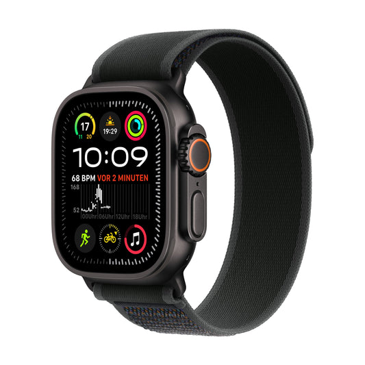 Apple Watch Ultra 2 (GPS + Cellular 49 mm) Smartwatch, Sportuhr mit Titangehäuse in Schwarz und Trail Loop in Schwarz (M/L). Fitnesstracker