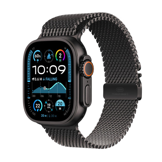 Apple Watch Ultra 2 GPS + Cellular 49 mm Smartwatch z wytrzymałą kopertą z tytanu kolor Czarny+ Bransoleta mediolańska kolor Czarny-S. Monitor Fitness, superwydajna bateria, neutralność węglowa