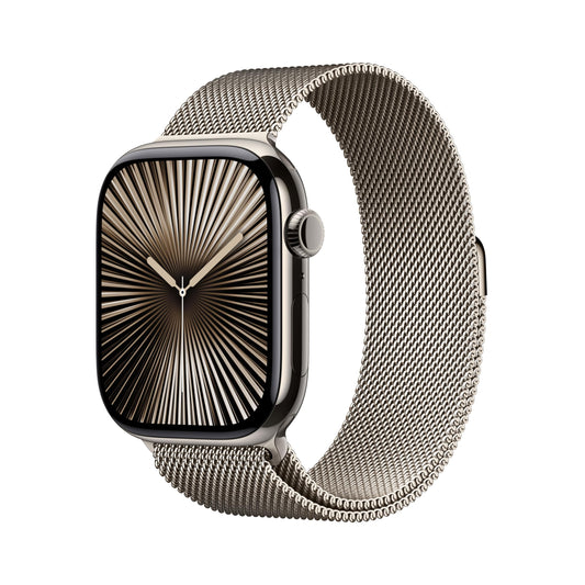 Apple Watch Series 10 (GPS + Cellular 46 mm) Smartwatch mit Titangehäuse in Natur und Milanaise Armband in Natur (S/M). Fitnesstracker